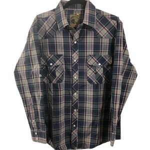 Coevals Club Pearl Snap Western Shirt Mens Medium Roll Tab L/S Gray Plaid